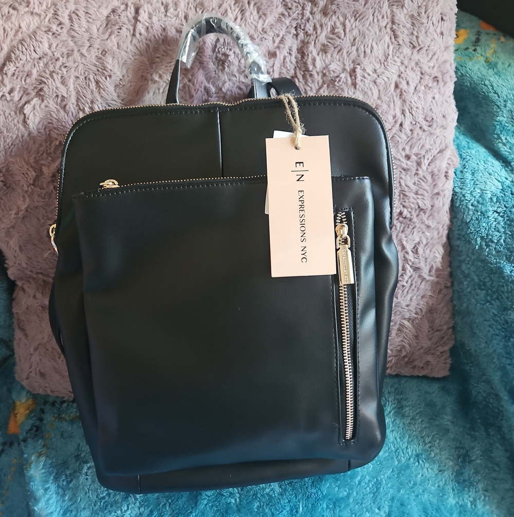 Expressions Black Vegan Backpack with Gold Zipper Accent